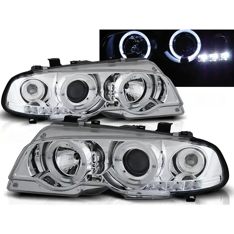 Frontlykter Bmw E46 Coupe Angel Eyes Chrome med sorte kanter og runde reflektorer, LED-lysringer vises.