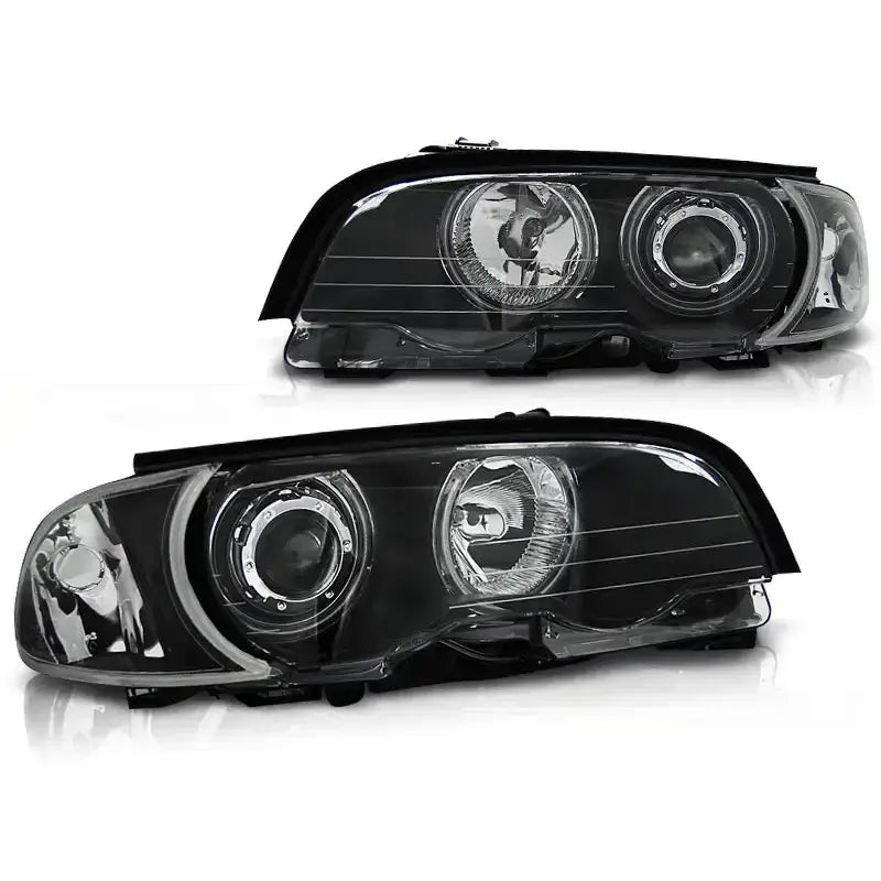 Hovedlykter Bmw E46 Coupe Cabrio Angel Eyes CCFL Black vist fra skrå vinkel med doble linser.