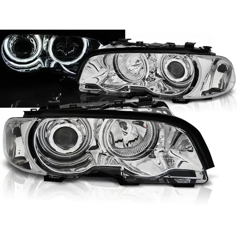 Frontlykter Bmw E46 Angel Eyes Chrome CCFL sett fra skrå vinkel med tente LED-lysringer.
