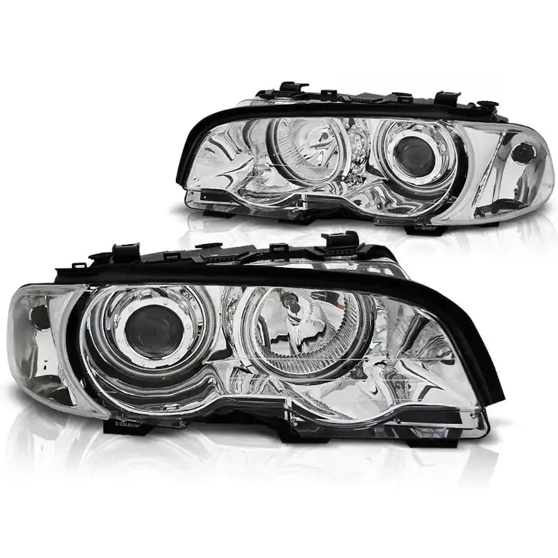 Hovedlykter Bmw E46 Coupe Cabrio Angel Eyes Chrome CCFL sett fra skrå vinkel med kromdetaljer.