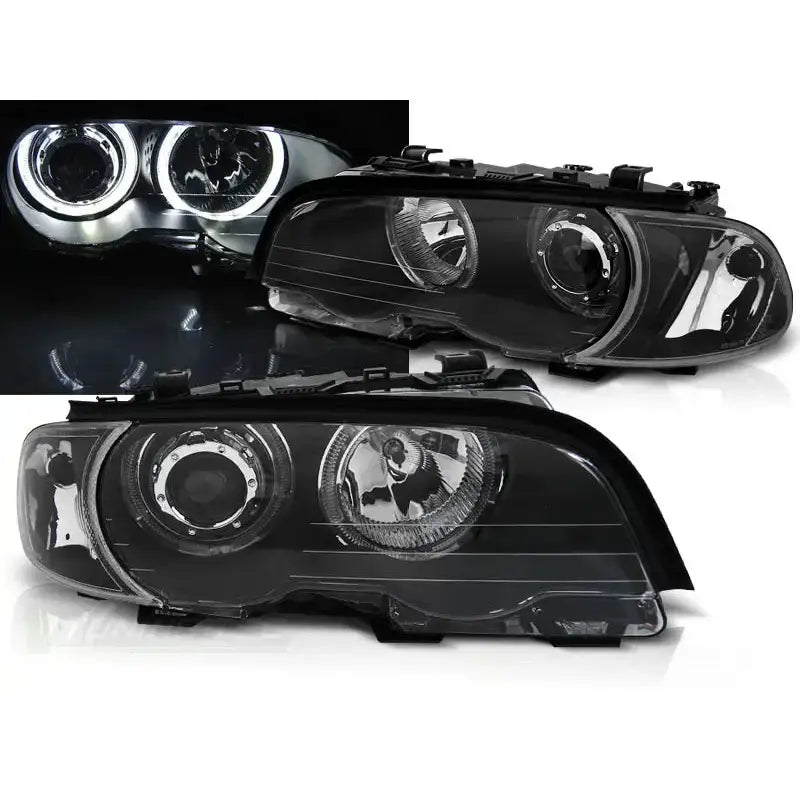 Frontlykter Bmw E46 Angel Eyes LED Black sett skrått forfra med sirkelformet LED-belysning.