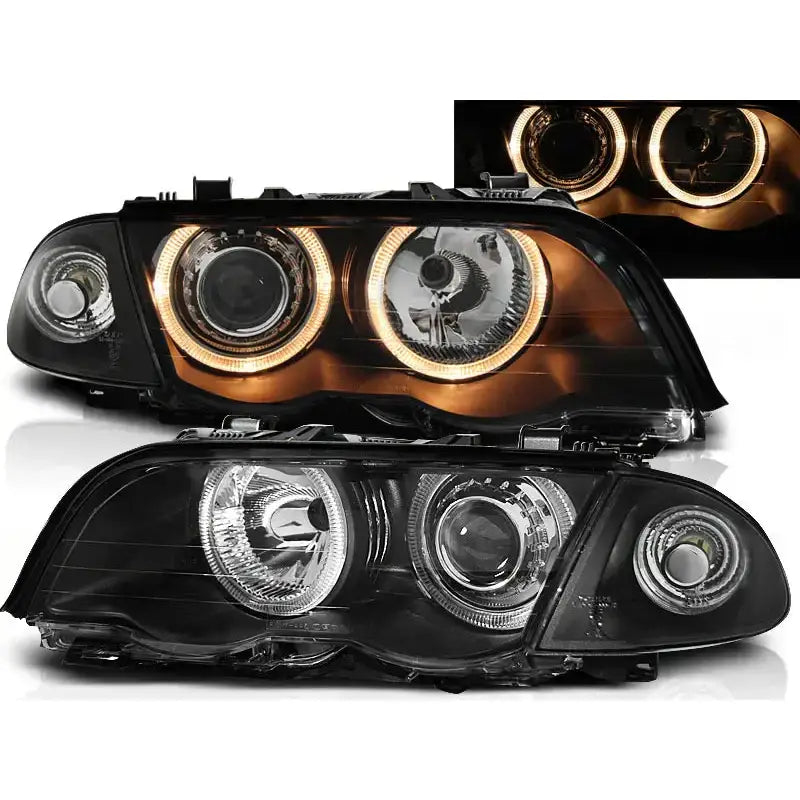 Frontlykter Bmw E46 Angel Eyes Black med orange engleringer tent, sort hus, avbildet forfra.