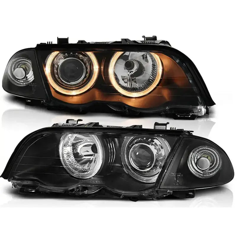 Hovedlykter Bmw E46 Angel Eyes Black med gule LED-lysringer, én tent og én avslått, sett forfra.