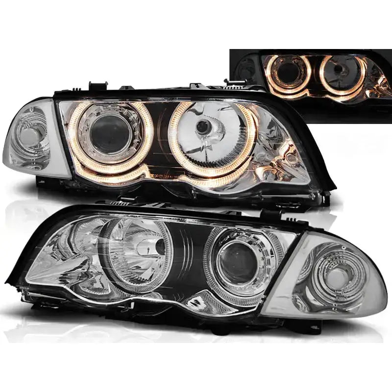 Frontlykter Bmw E46 05.98-08.01 med angel eyes chrome, sett fra skrå vinkel med sorte detaljer.