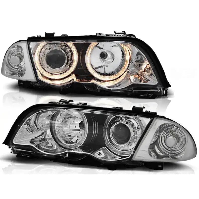 Hovedlykter Bmw E46 Angel Eyes Chrome vist fra skrå vinkel, én med LED-lysringer tent.