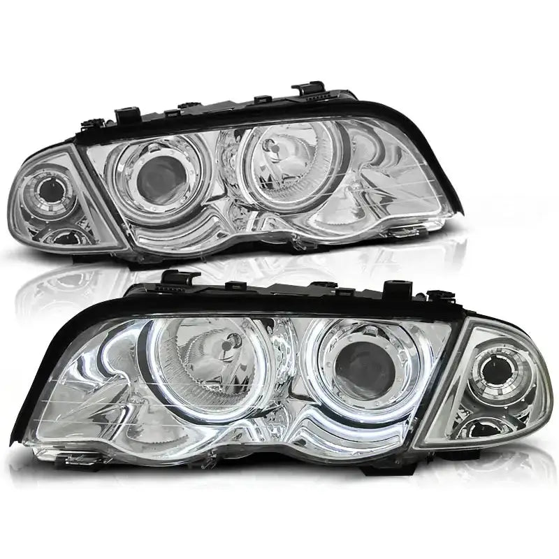 Hovedlykter Bmw E46 med Angel Eyes Chrome, sett skrått med tydelige LED-lysringer og sorte detaljer.