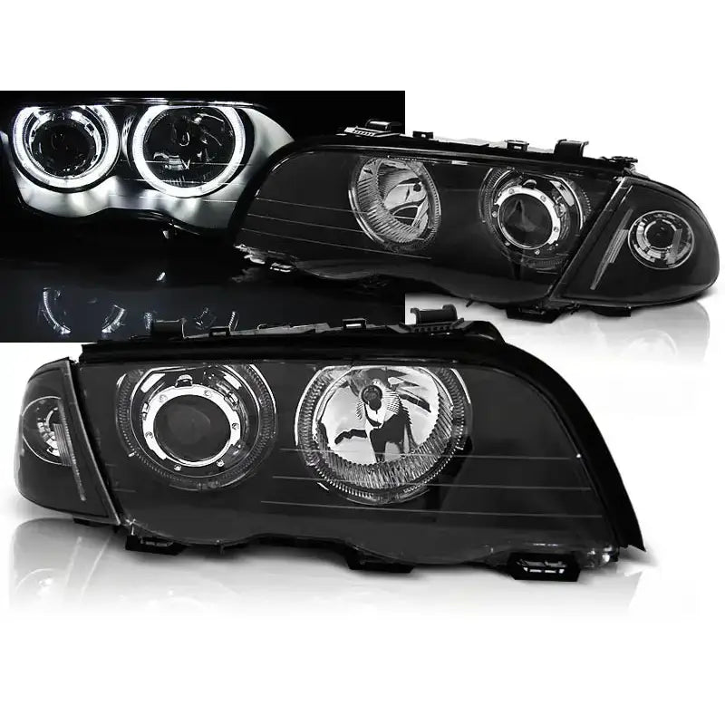 Frontlykter Bmw E46 Angel Eyes LED i svart, sett forfra med fokus på linser og tent lykt i mørket.