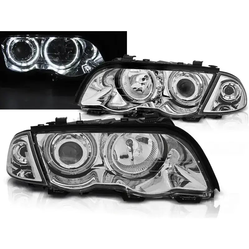 Frontlykter Bmw E46 Angel Eyes LED Chrome sett forfra med runde reflektorer og sorte kanter.