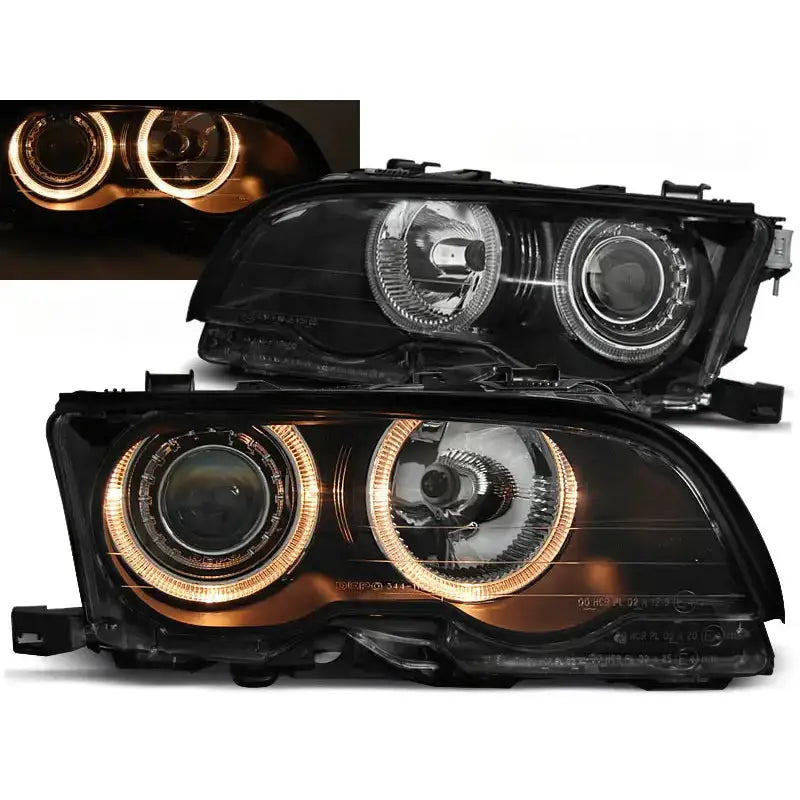 Frontlykter Bmw E46 Angel Eyes Black med LED-lysringer, nærbilde forfra med lysene tent.