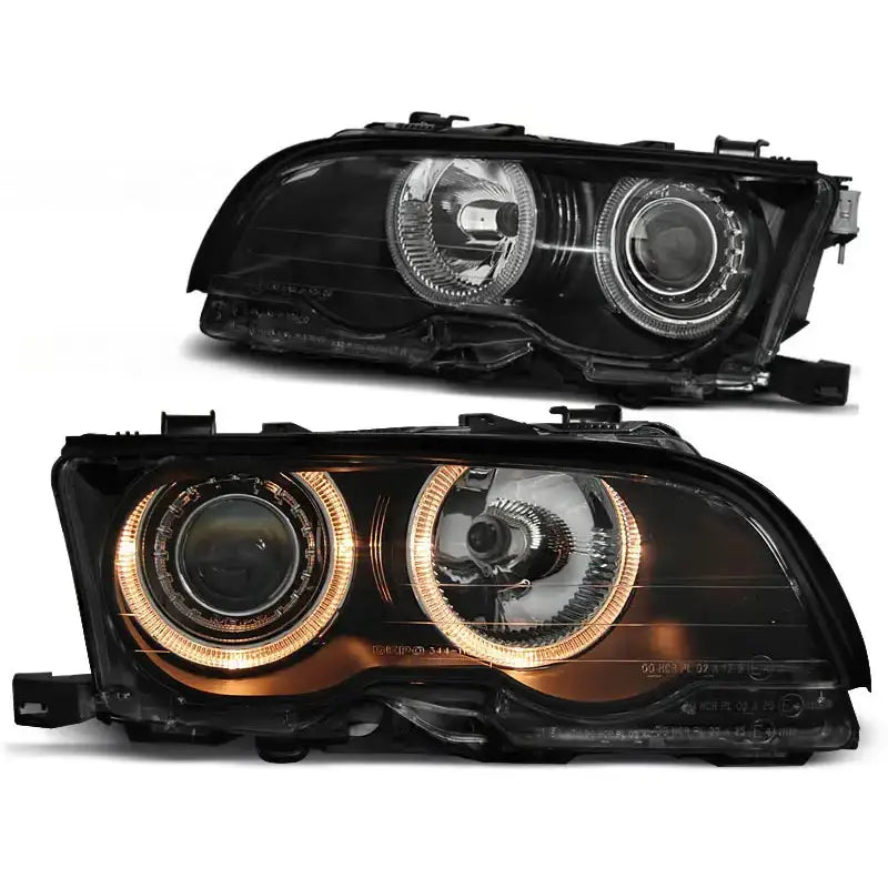 Hovedlykter Bmw E46 Angel Eyes Black sett fra skråvinkel med oransje LED-lysring aktivert.