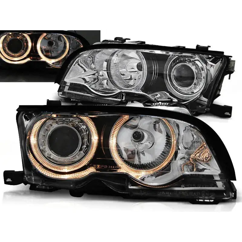 Frontlykter Bmw E46 Angel Eyes Chrome med runde oransje LED-lysringer, sett forfra.