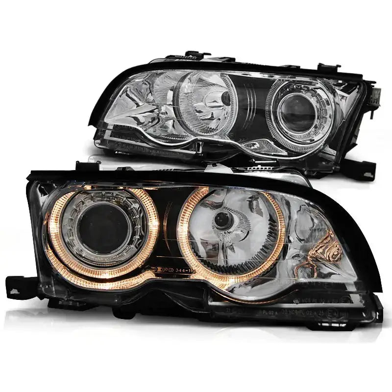 Hovedlykter Bmw E46 Angel Eyes Chrome med oransje LED-lys, sett skrått forfra mot hvit bakgrunn.