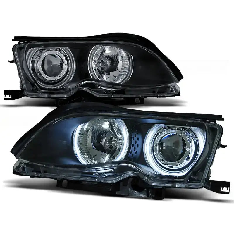 Frontlykter Bmw E46 Angel Eyes Black med doble linser og synlige CCFL Halo-ringer, sett forfra.