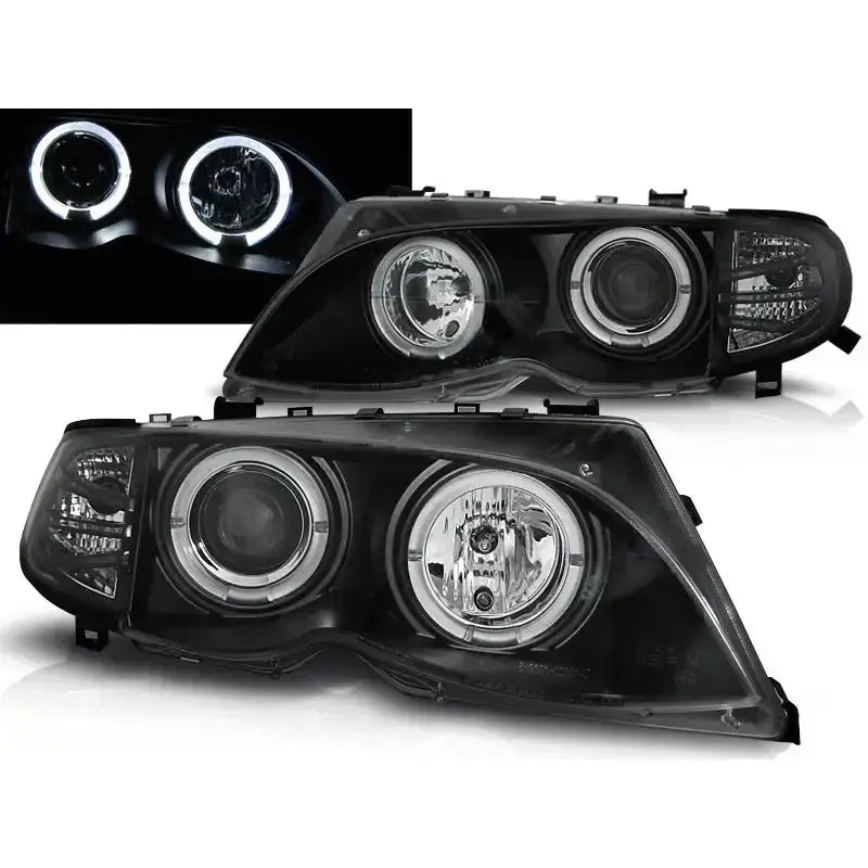 Frontlykter Bmw E46 Angel Eyes Black med doble sirkellys og klare glassdetaljer, vist fra skrå vinkel.