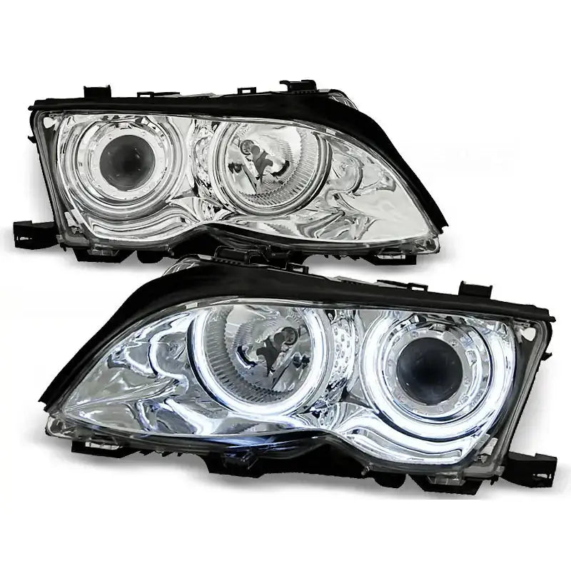 Frontlykter Bmw E46 med chrome CCFL Angel Eyes, vist fra skrå vinkel med LED-lysring.