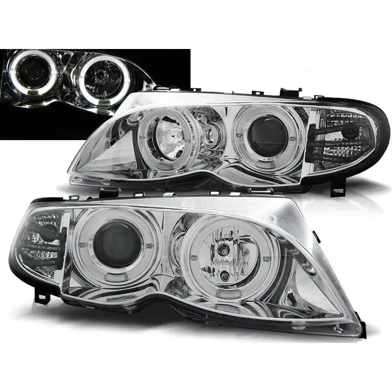 Frontlykter Bmw E46 Angel Eyes Chrome vist skrått med LED-ringer tent og detaljbilde av lyset.