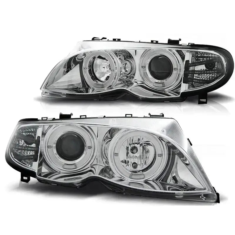 Hovedlykter Bmw E46 Angel Eyes Chrome med sorte detaljer, vist forfra i to ulike vinkler.
