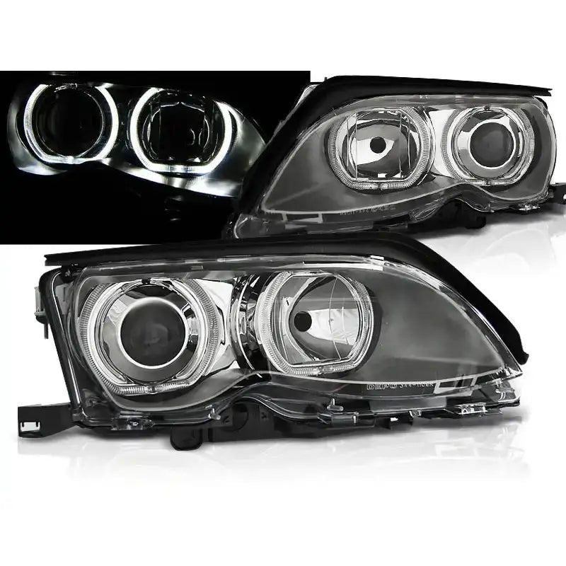 Frontlykter Bmw E46 Angel Eyes LED Chrome med svarte hus og klare linser, sett fra skrå vinkel.