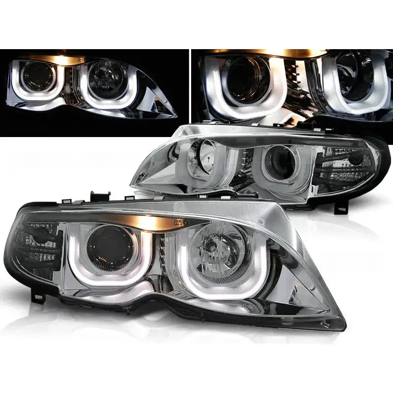 Frontlykter Bmw E46 09.01-03.05 S/T Chrome med to runde lyssoner og LED-lys, vist i dagslys og mørke.
