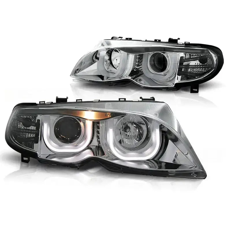 Hovedlykter Bmw E46 09.01-03.05 S/T Chrome med klar plast, svart hus og detaljerte reflektorer.