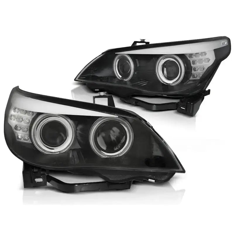Hovedlykter Bmw E60/E61 03-07 Angel Eyes Black Led med doble projeksjonsglass og seks LED-lys.