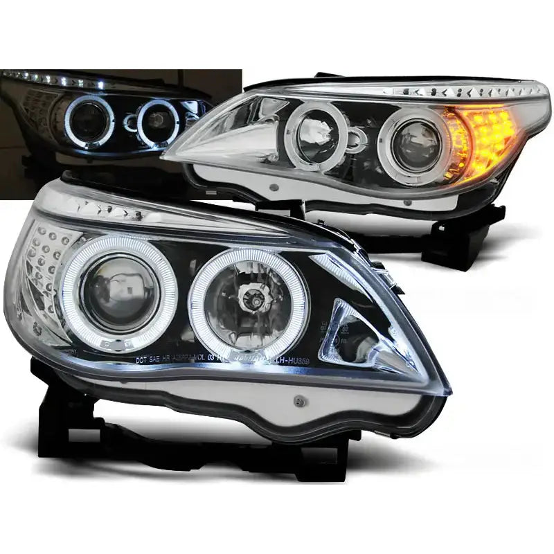Frontlykter Bmw E60/E61 03-07 Angel Eyes med LED-lysringer og oransje blinklys sett forfra og fra siden.
