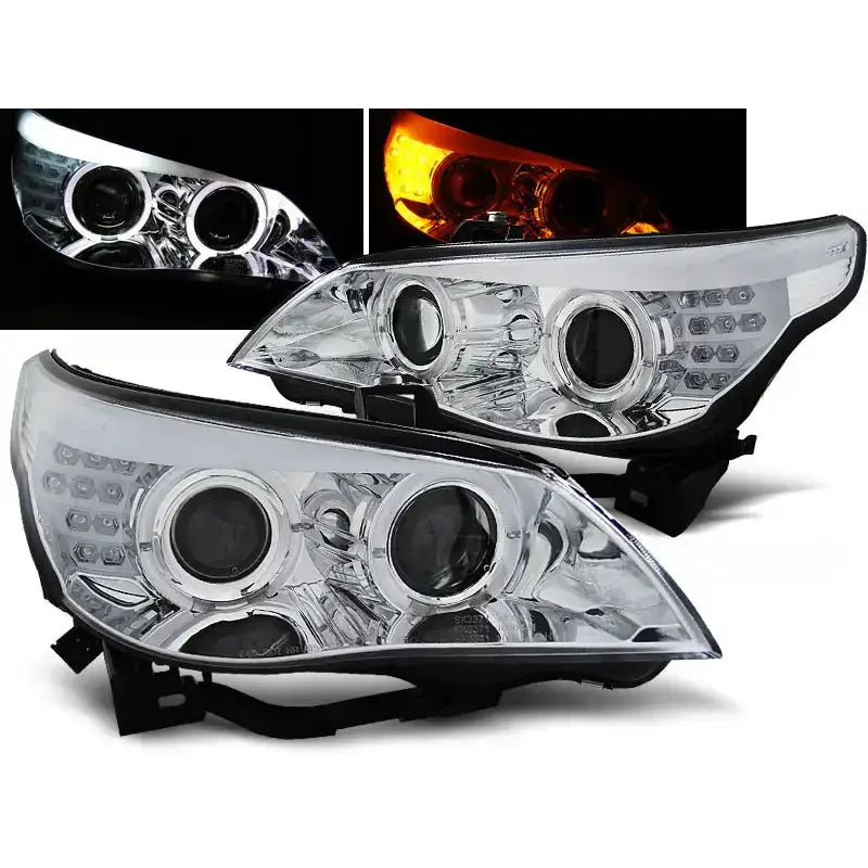 Frontlykter Bmw E60/E61 03-07 med klart glass, kromdetaljer og synlige LED-lys, sett forfra.