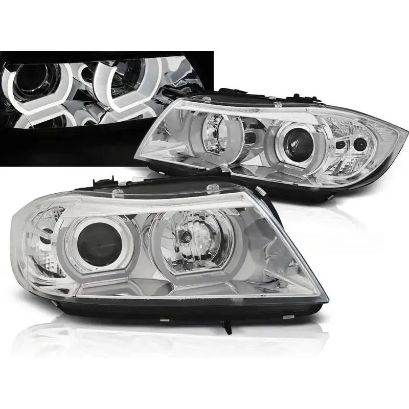 Frontlykter Bmw E90/E91 3D U-Type Chrome HID sett forfra med kromdetaljer og tente LED-lysringer.