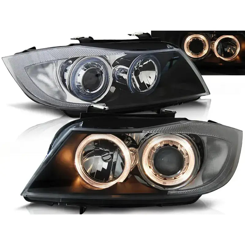 Frontlykter Bmw E90/E91 med sorte hus og Angel Eyes LED-sirkler rundt reflektorene.