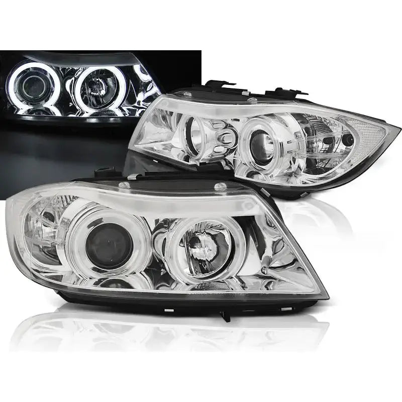 Frontlykter Bmw E90/E91 Angel Eyes CCFL Chrome med runde linser, nærbilde og LED-lys detalj.
