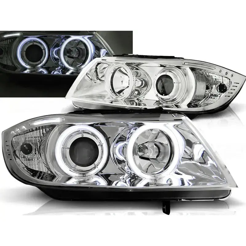 Frontlykter Bmw E90/E91 med klar plast, kromdetaljer og opplyste hvite LED-lysringer foran.