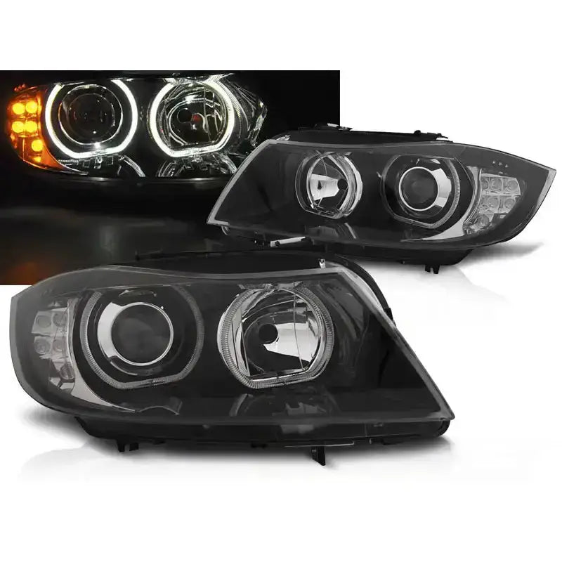 Frontlykter Bmw E90/E91 med LED Angel Eyes, svarte detaljer og oransje LED-blinklys, sett forfra.
