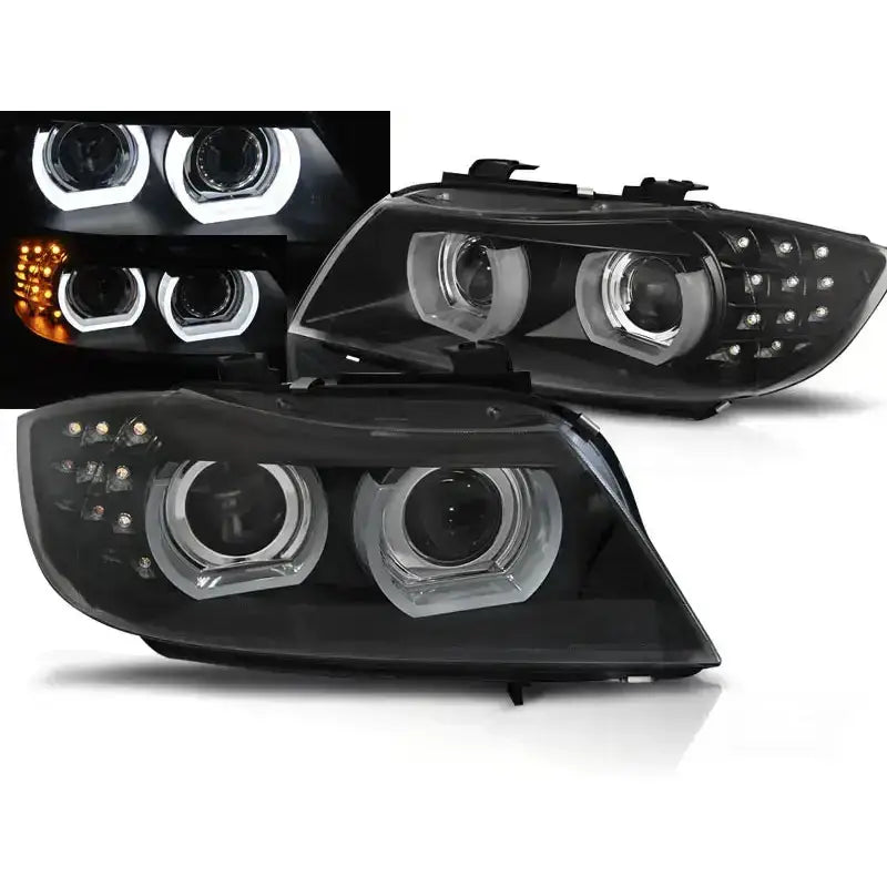 Frontlykter Bmw E90/E91 09-11 i svart plast med LED og runde hovedlys, sett fra skrå front.