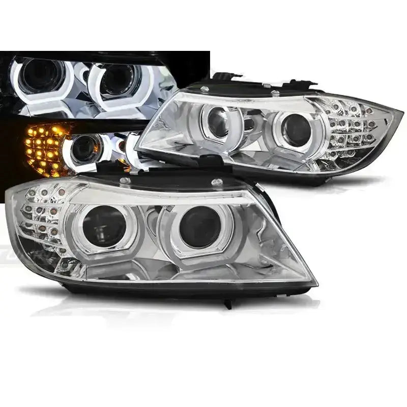 Frontlykter Bmw E90/E91 09-11 med LED og runde lyselementer, sett fra skrå vinkel.