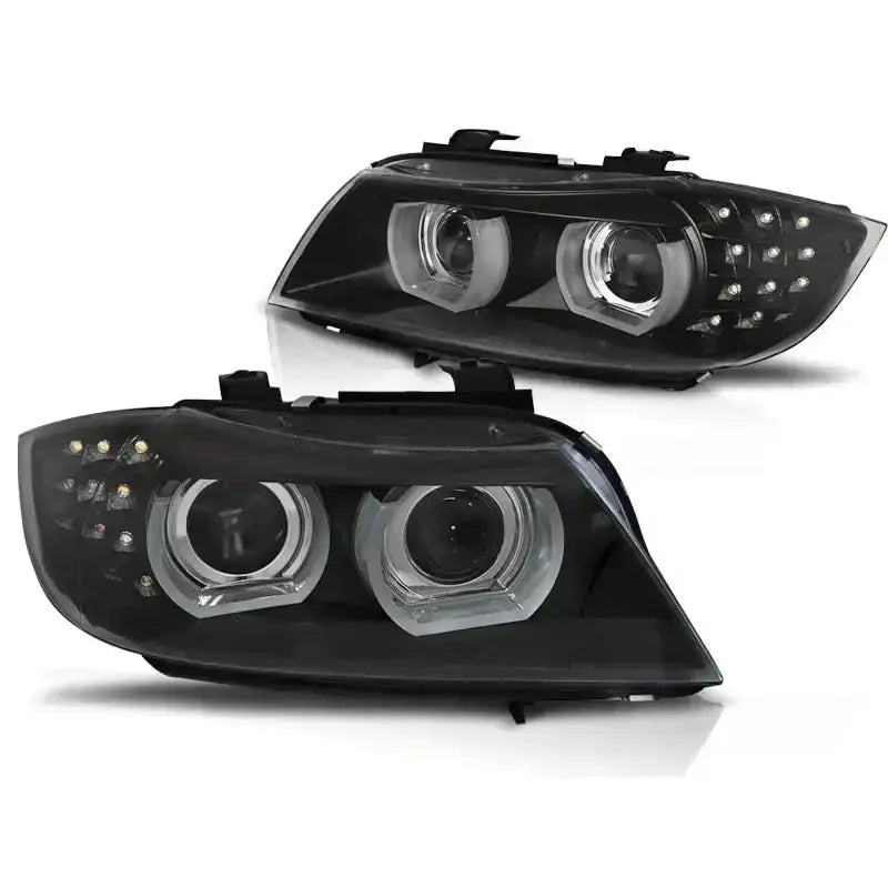 Frontlykter Bmw E90/E91 09-11 Xenon LED DRL Black AFS med klare linser og ringdetaljer.