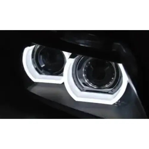 Hovedlykter Bmw E90/E91 09-11 Xenon LED DRL Black med sort omramming og hvit lyssignatur.