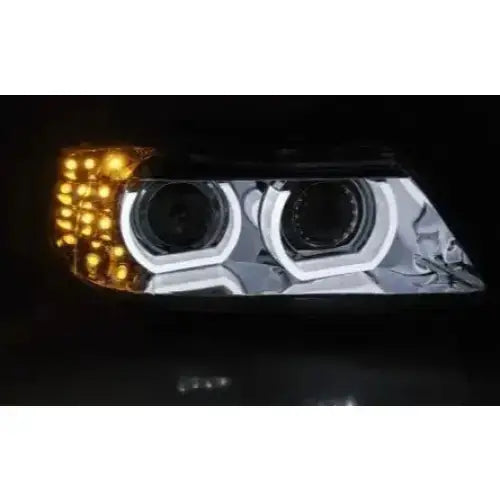 Headlamp Bmw E90/E91 09-11 Xenon LED DRL Chrome med gule posisjonslys tent, sett forfra.