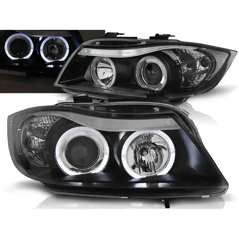 Frontlykter Bmw E90 E91 Angel Eyes Black med doble projektorer og hvite LED-lysringer, nærbilde forfra.