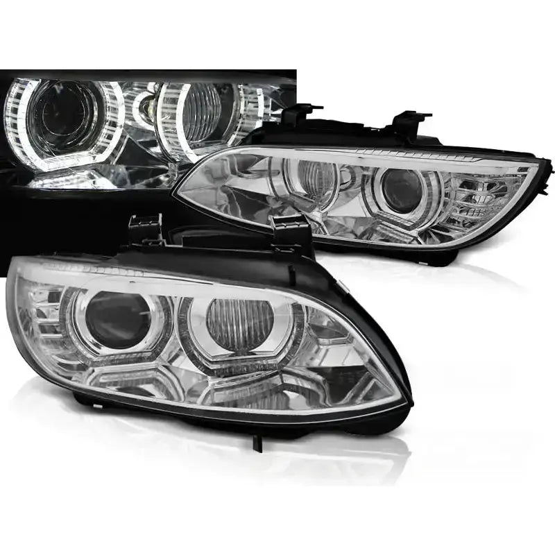 Frontlykter Bmw E92/E93 Angel Eyes LED Chrome med sorte detaljer, vist fra skrå vinkel.