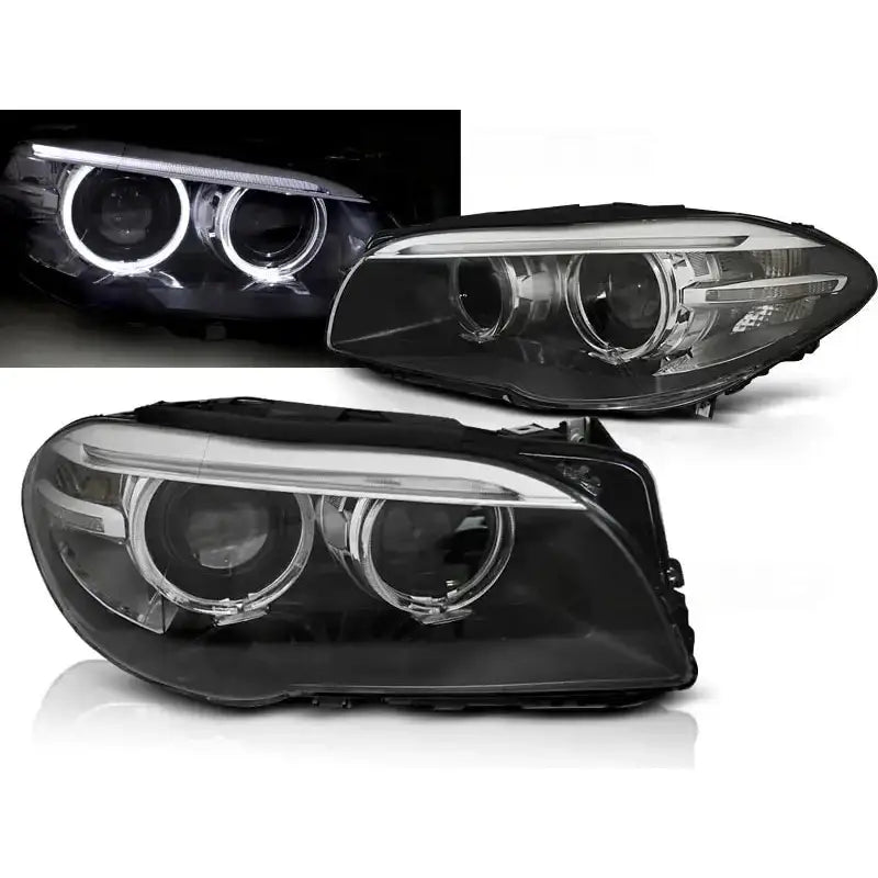 Frontlykter Bmw F10,F11 AE Led Black DRL med klart glass og svarte detaljer, tent LED-lysring i mørket.