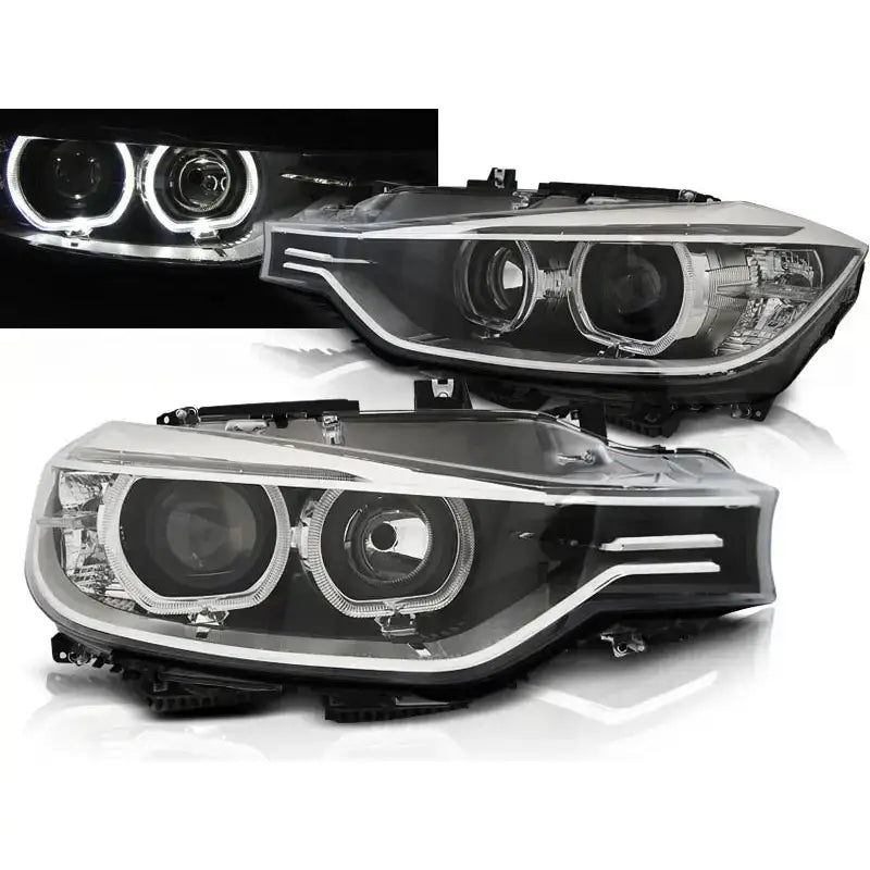 Frontlykter Bmw F30/F31 Angel Eyes LED Black vist forfra med doble projeksjonslinser og LED-striper.