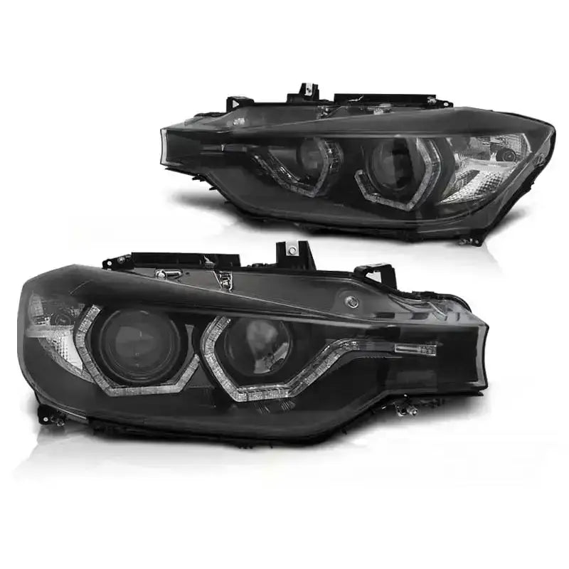 Frontlykter Bmw F30/F31 Angel Eyes LED Black HID DRL sett avbildet fra forside og skrå vinkel.
