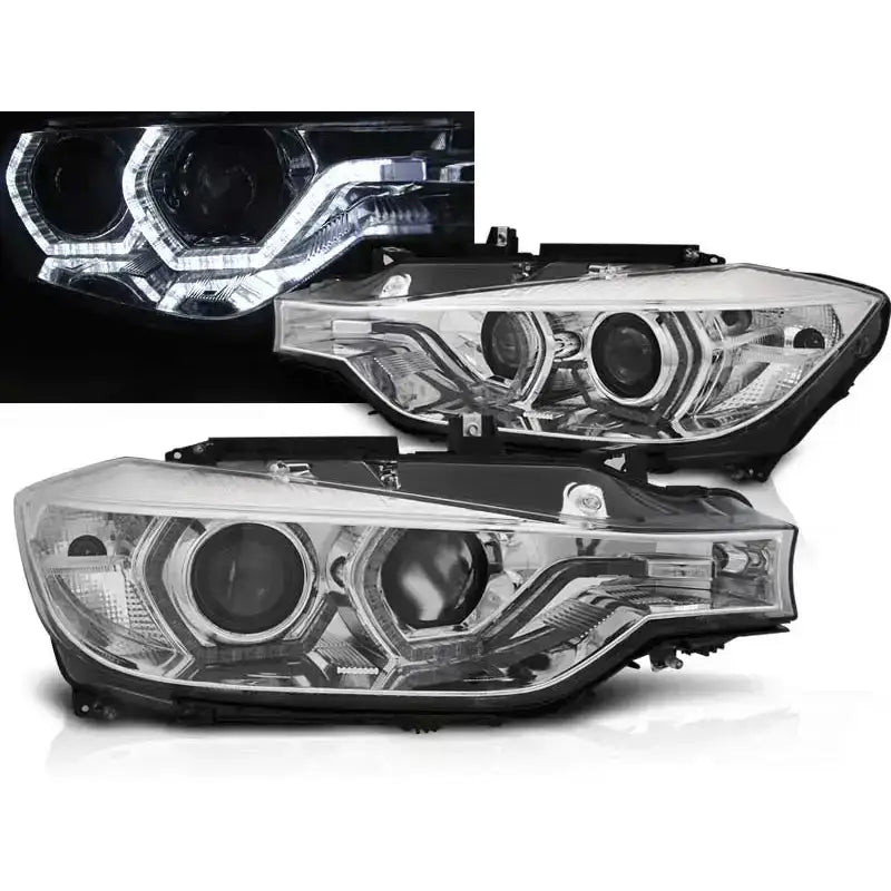 Frontlykter Bmw F30/F31 LED Angel Eyes med sekskantede detaljer vist fra skrå vinkel.