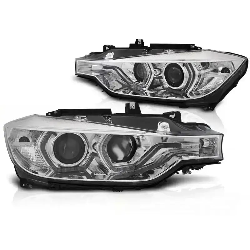 Hovedlykter Bmw F30/F31 Angel Eyes LED Chrome DRL vist skrått forfra med sorte og kromdetaljer.