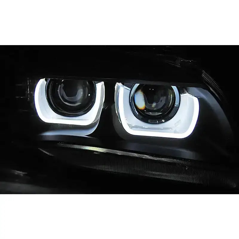 Headlamp Bmw X1 E84 Tube Light Black Xenon med sirkulære LED-lys og rektangulære lysdetaljer.