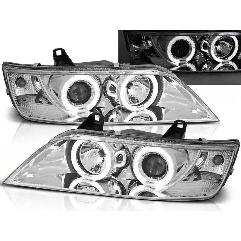 Frontlykter Bmw Z3 01.96-02 Angel Eyes Chrome med klart glass og kromdetaljer, sett forfra.