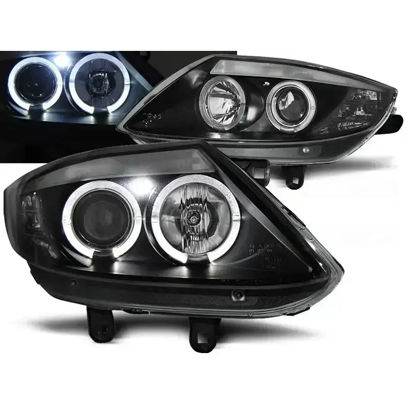 Frontlykter Bmw Z4 E85 E86 Angel Eyes Black med sort innfatning og runde lyselementer.