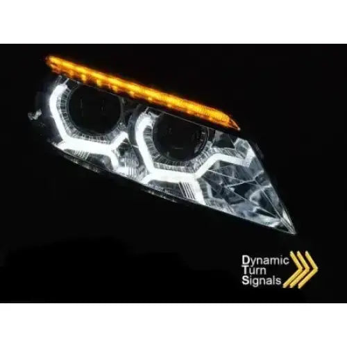 Hovedlys Bmw Z4 E89 HID DRL Chrome Led med hvite LED-ringer og oransje stripe, sett forfra.