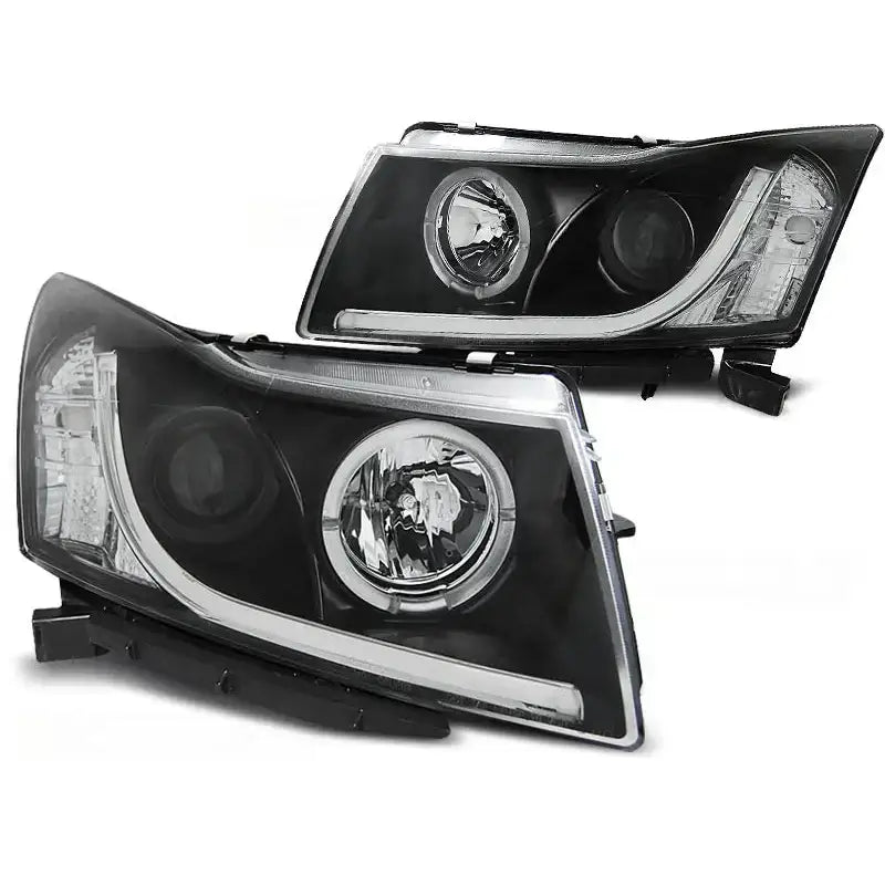 Hovedlykter Chevrolet Cruze 09-12 Angel Eyes Tube Light Black med runde lys og LED-striper.
