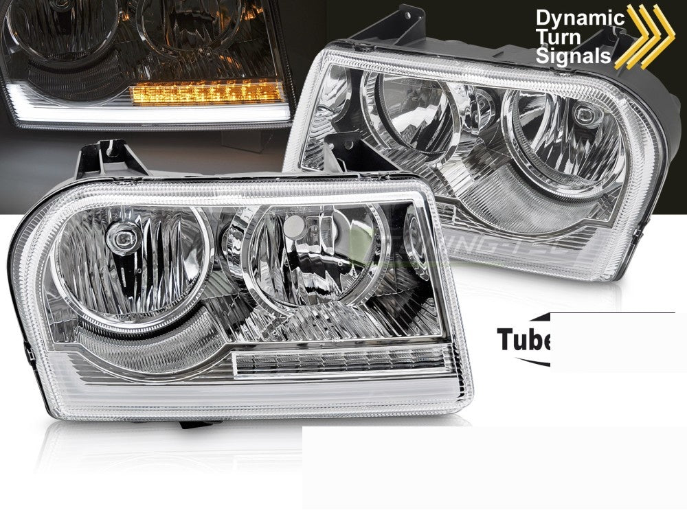 Chrysler 300 Tube Light frontlykter kromhus med LED-lysstripe nærbilde